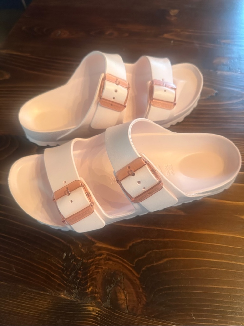 Birkenstock Two-Strap Slides in Pale Pink with Rose-Gold Buckles - Picture 3 of 6